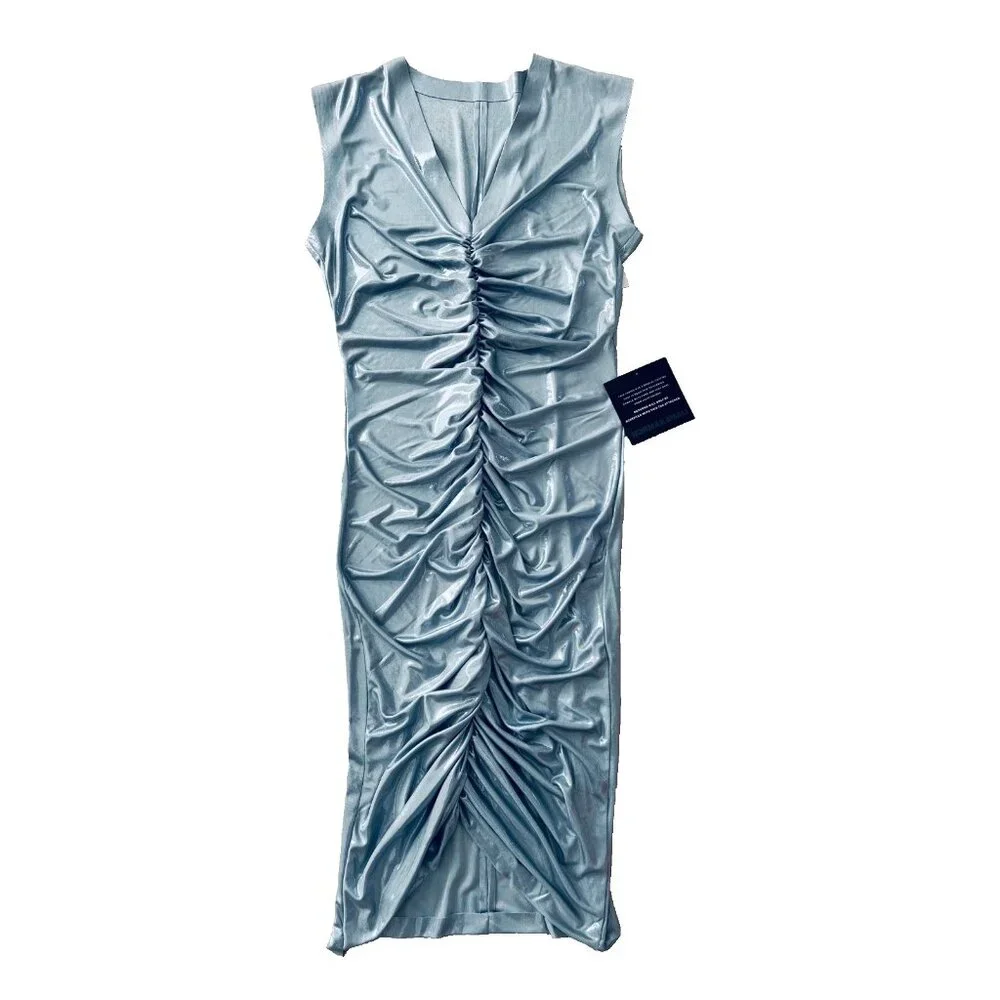 Norma Kamali Ruched Shirred Dress Misty Blue ( M/38 ) - Picture 4 of 6
